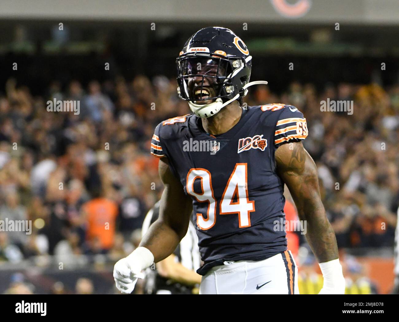 Chicago Bears' Leonard Floyd reacts after sacking Green Bay Packers' Aaron  Rodgers during the first half of an NFL football game Thursday, Sept. 5,  2019, in Chicago. (AP Photo/David Banks Stock Photo 