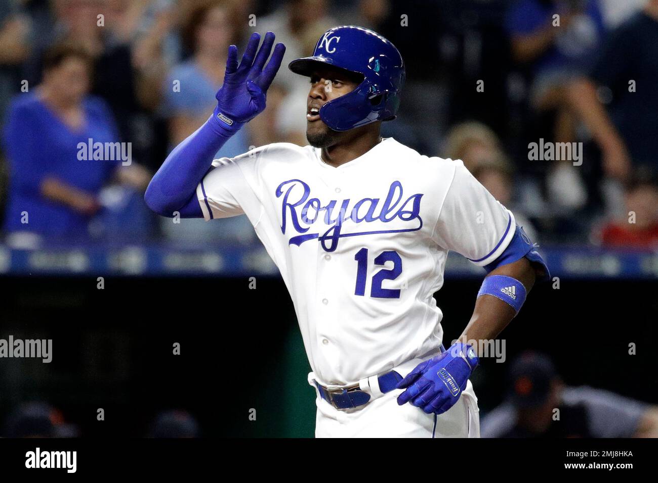 May 26, 2019: Kansas City Royals designated hitter Jorge Soler (12) crosses  the plate after hitting a home run during an American League game between  the New York Yankees and the Kansas