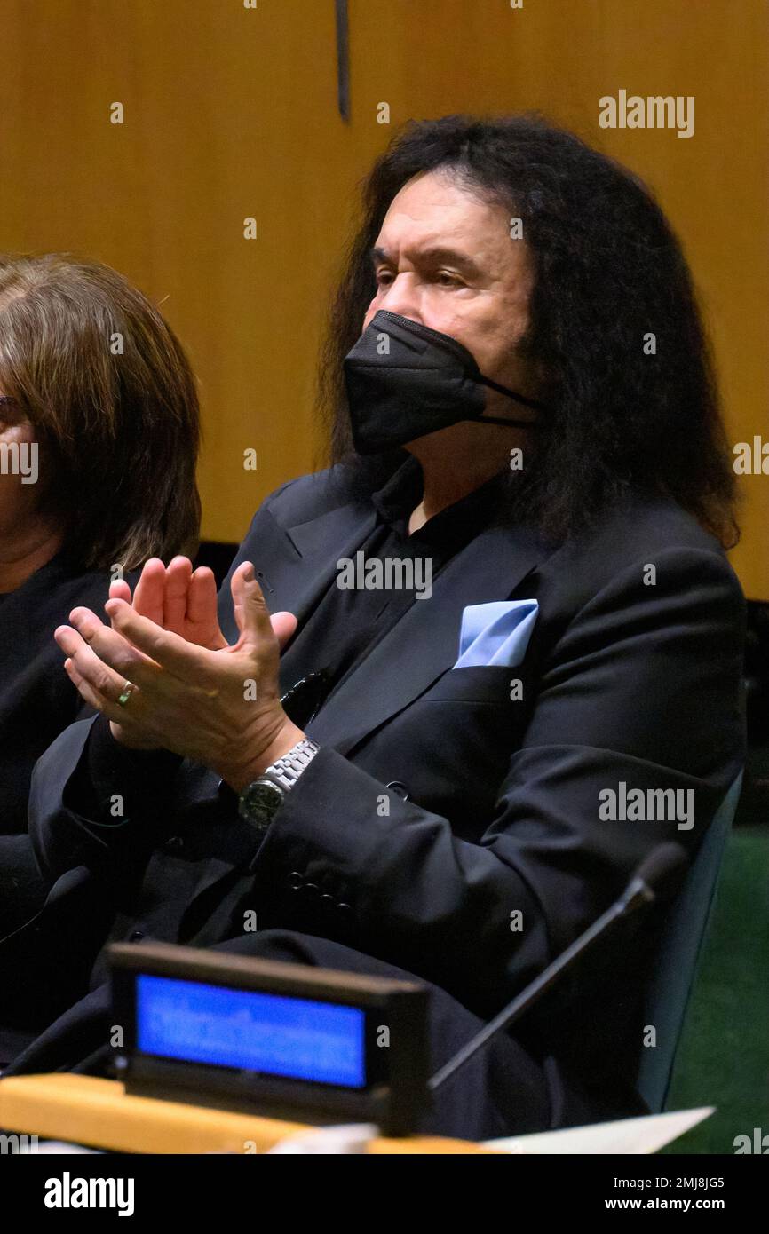 New York, USA. 27th Jan, 2023. Gene Simmons of Kiss (C) applauds during the International Day of Commemoration in Memory of the Victims of the Holocaust at the UN General Assembly Hall. Credit: Enrique Shore/Alamy Live News Stock Photo