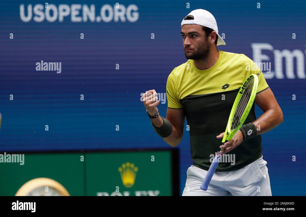 Matteo Berrettini, of Italy, pumps his fist after winning a point against Gael Monfils, of France, during the quarterfinals of the U.S. Open tennis championships Wednesday, Sept