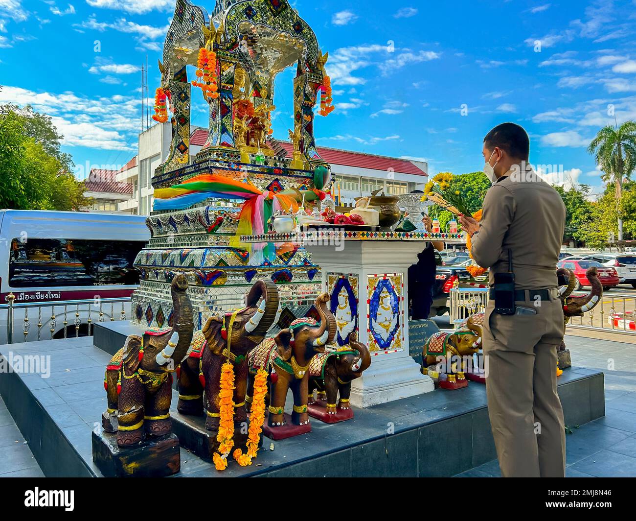 Mueang, Chiang Mai, Thailand, Thai Policeman Praying, From Behind
