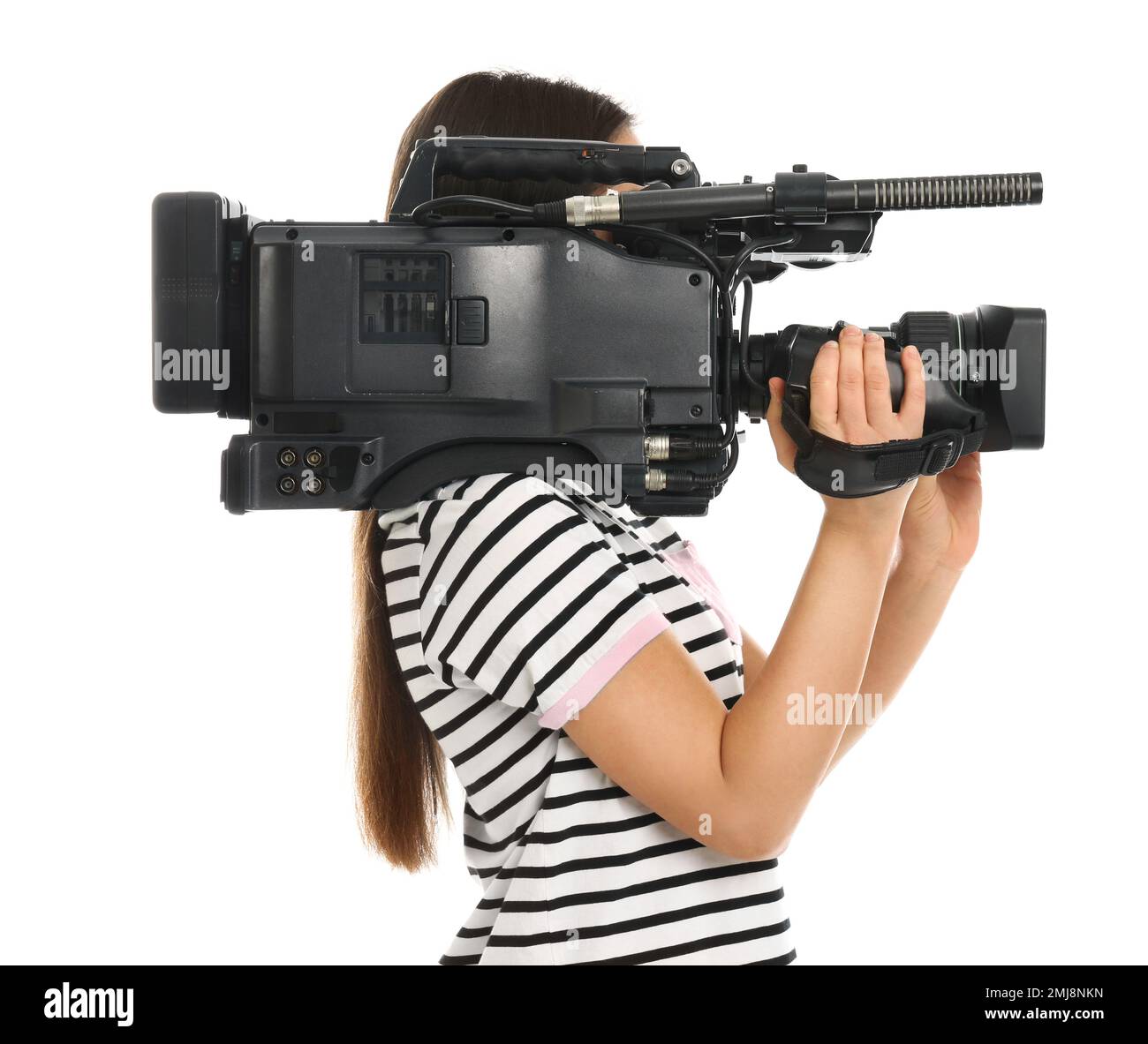 Operator with professional video camera on white background Stock Photo ...