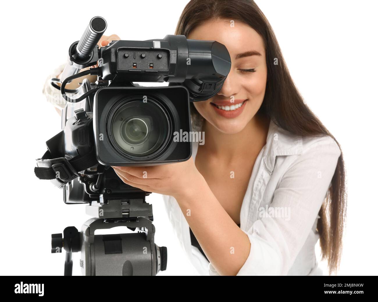 Operator with professional video camera on white background Stock Photo