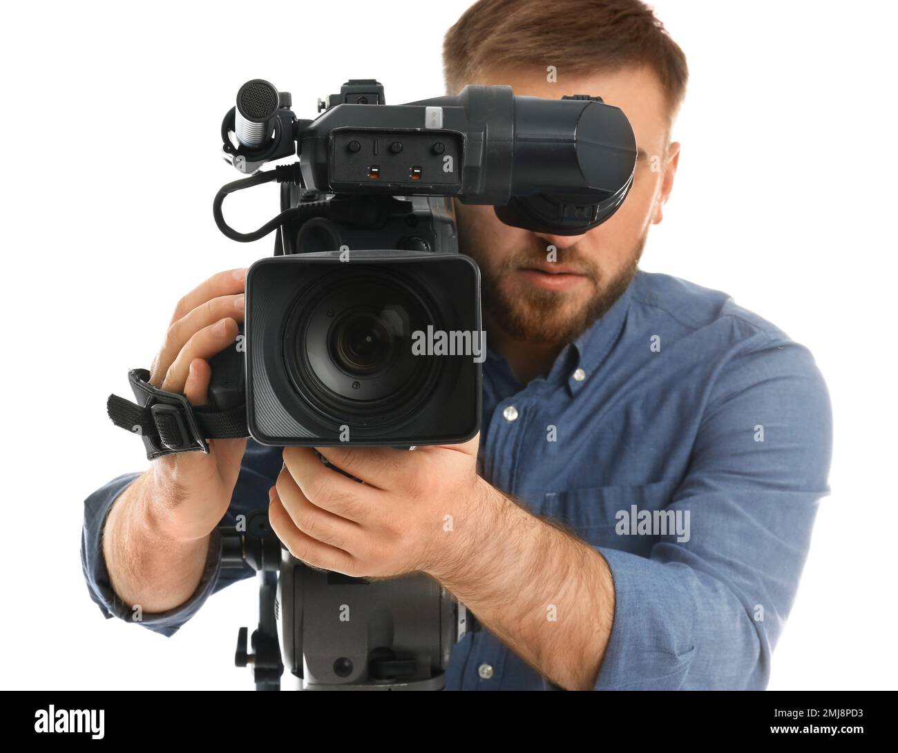 Operator with professional video camera on white background Stock Photo ...