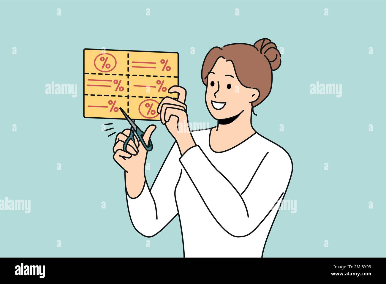 Smiling young woman cut promotion codes from newspaper. Happy female buyer use discount or sale coupons for lowest price. Consumerism. Vector illustration.  Stock Vector