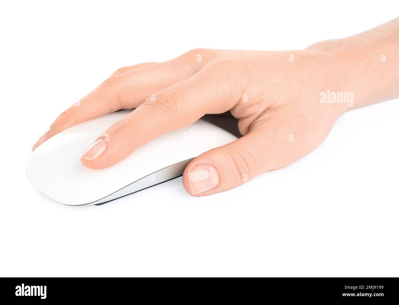 Woman using modern wireless optical mouse isolated on white, closeup Stock Photo