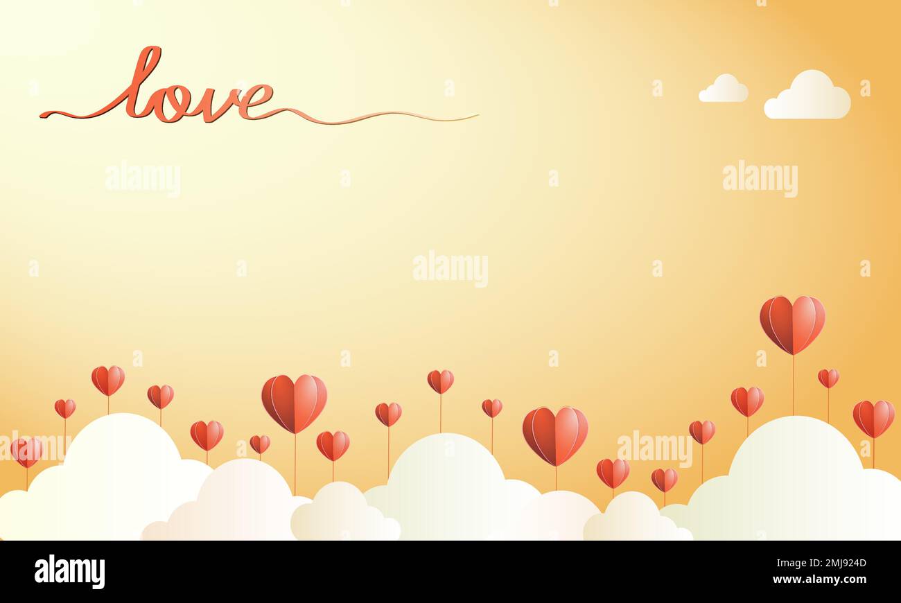 Yellow background for Valentine's Day card with paper hearts growing ...