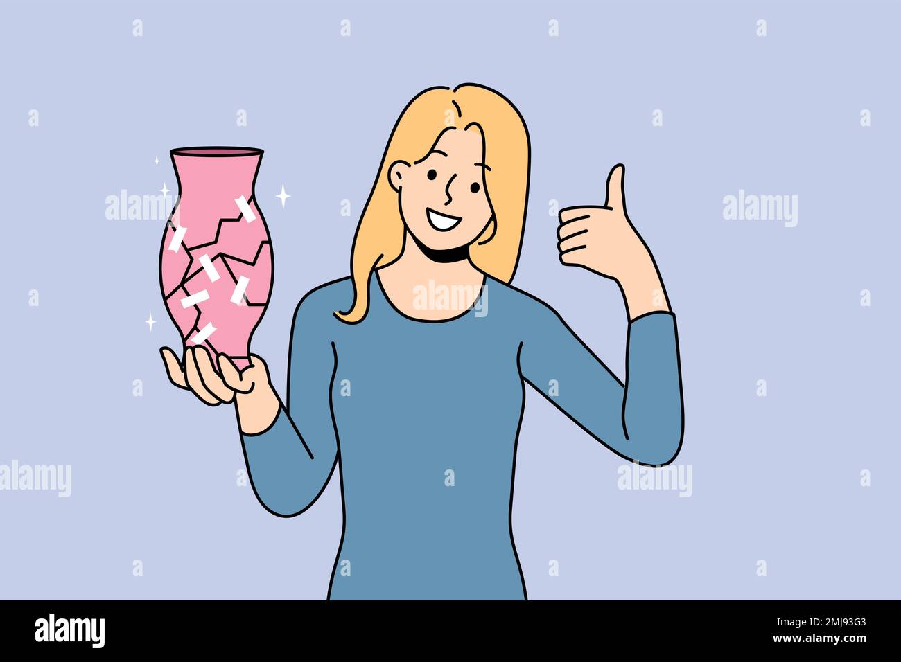 Smiling young woman repair broken vase show thumb up. Happy female fix