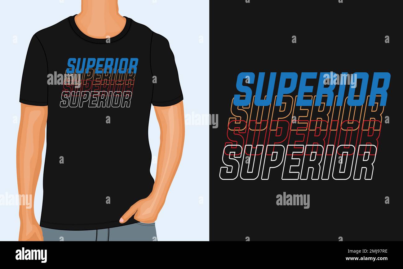 Superior outline text Typography t-shirt Chest print design Ready to print. Modern, lettering t shirt vector illustration isolated on black template v Stock Vector