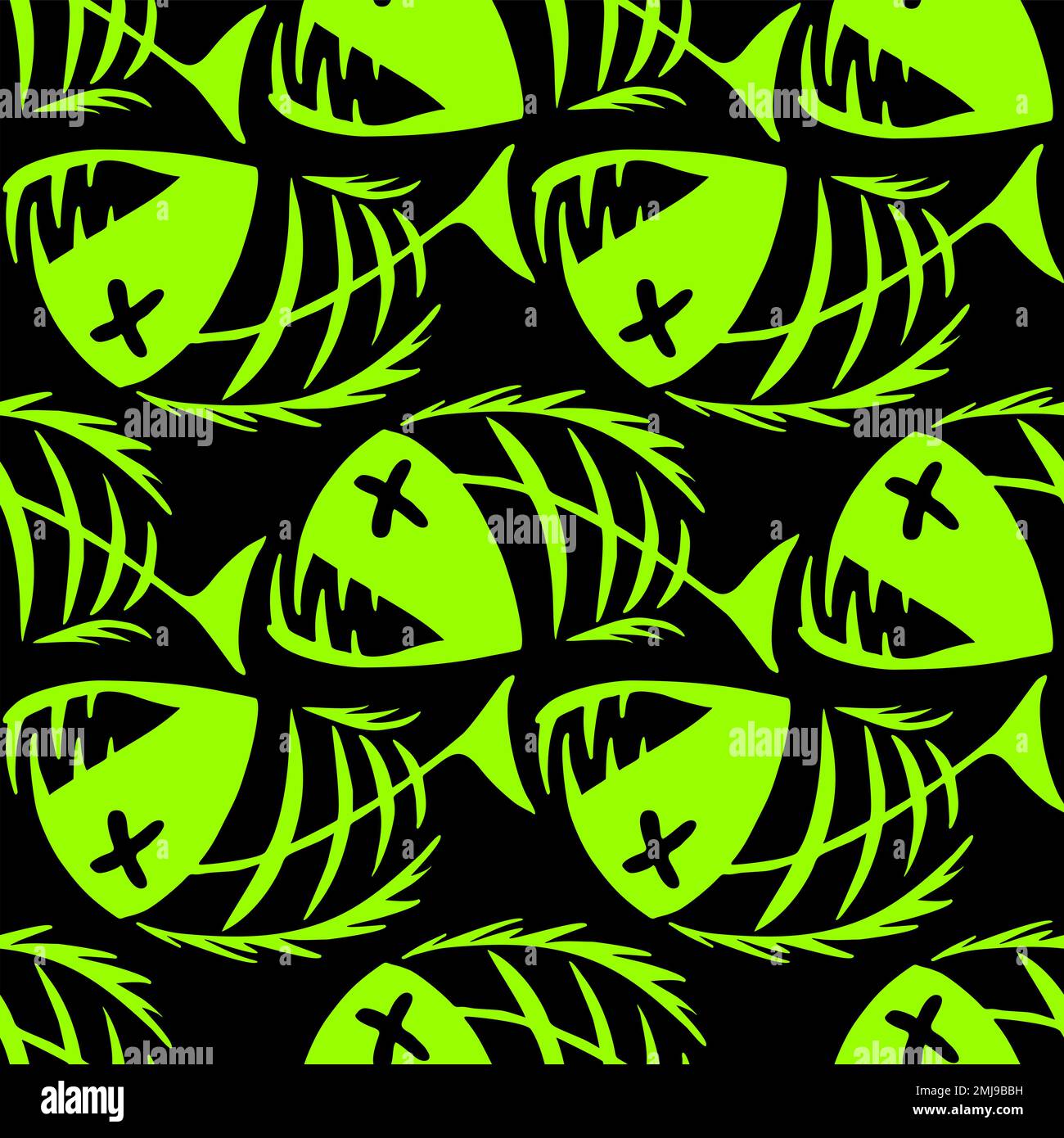 bright seamless pattern of green graphic fish skeletons on a black
