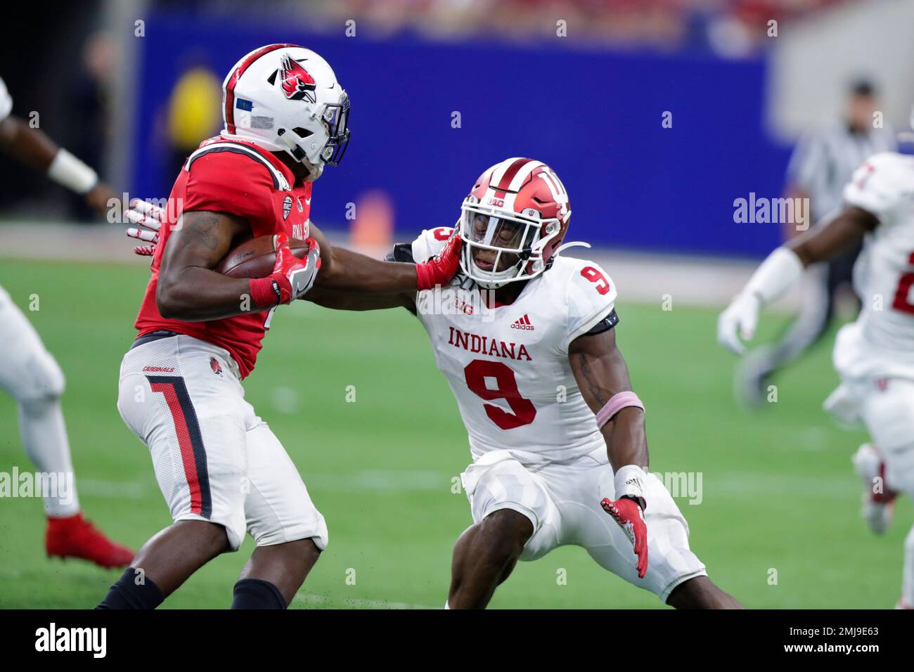 MUNCIE, IN - NOVEMBER 18: Ball State Cardinals running back Caleb Huntley  (2) steps into the end zone during the Mid American Conference college  football game between the Northern Illinois Huskies and