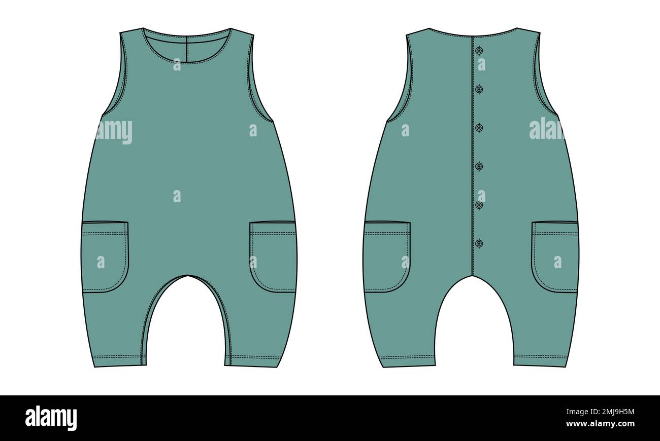 Sleeveless baby romper Overall technical fashion flat sketch drawing vector illustration template front and back view. Apparel Clothes design Mock up Stock Vector