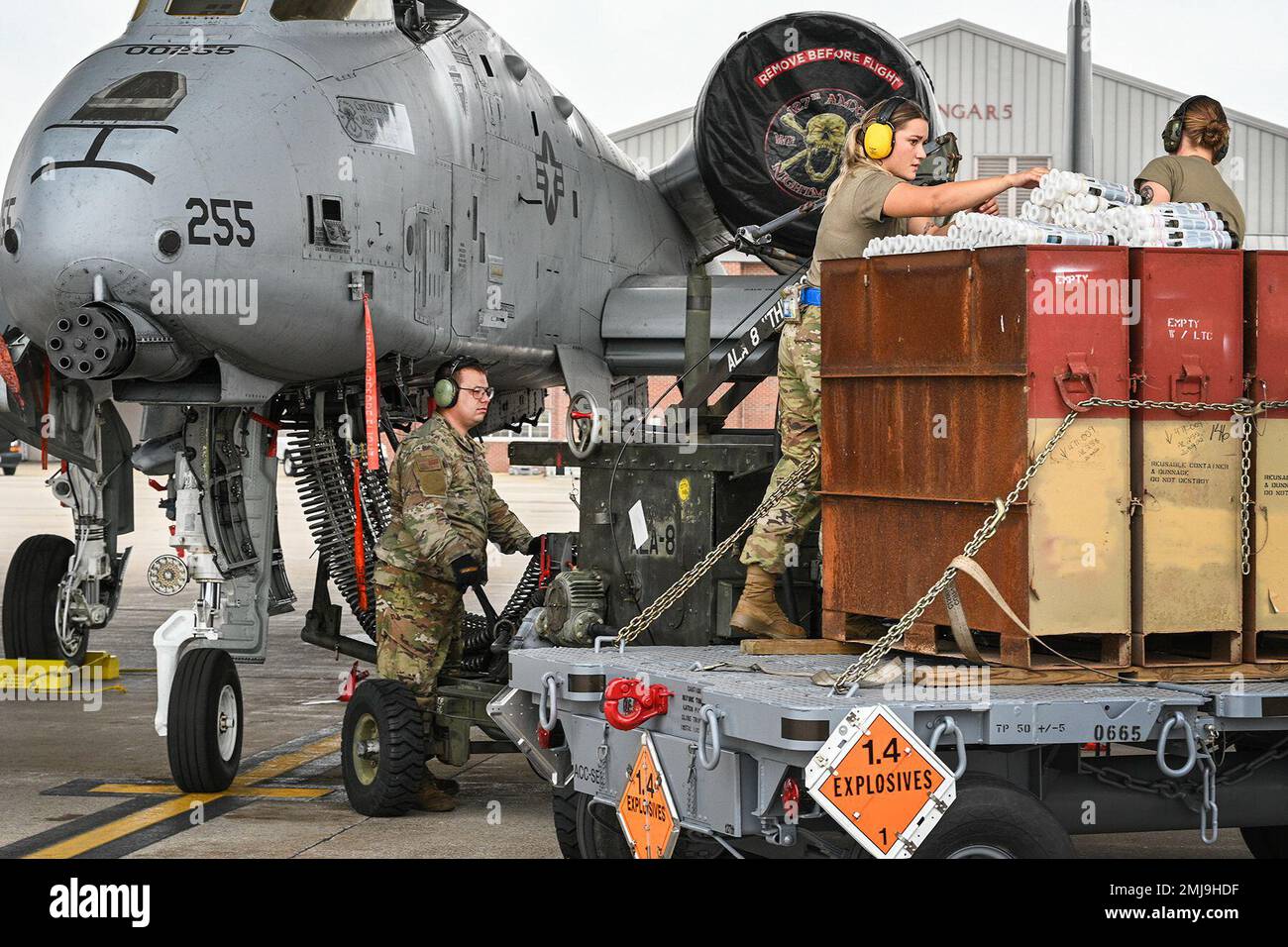 127th Aircraft Maintenance Squadron weapons load crew members Tech. Sgt. Chad Terry, lower left, Staff Sgt. Erin Johnston, middle, and Airman First Class Alana Bihlmeyer, far right, download 30mm ammo off the A-10C Thunderbolt II at Selfridge Air National Guard Base, Michigan, on Aug. 26, 2022. Aircraft armament personnel are responsible for maintaining, testing and troubleshooting all aspects of the A-10s weapons system and its associated support equipment. Stock Photo