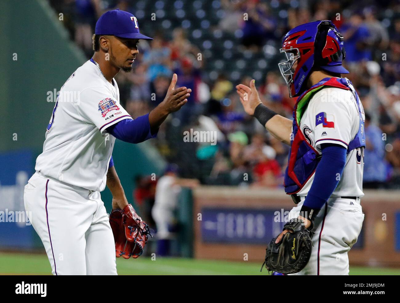 Texas Rangers relief pitcher Emmanuel Clase, left, and catcher Jose ...