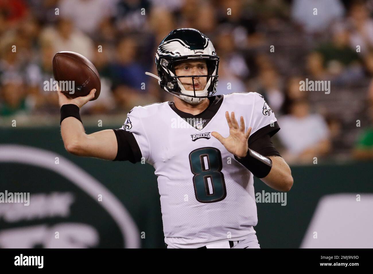 Philadelphia Eagles quarterback Clayton Thorson (8) throws a pass during  the first half of a preseason NFL football game against the New York Jets  Thursday, Aug. 29, 2019, in East Rutherford, N.J. (