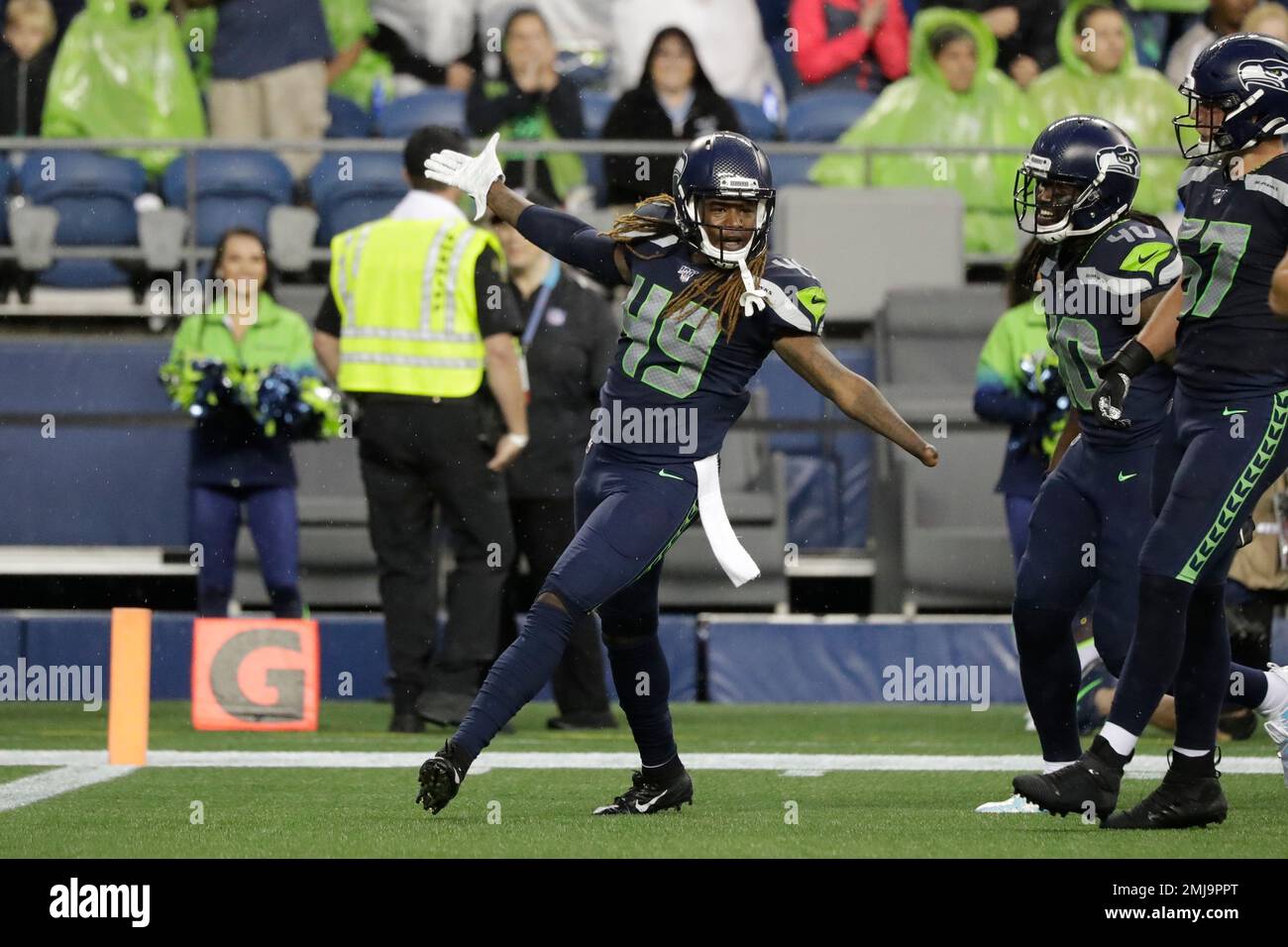 Seattle Seahawks outside linebacker Shaquem Griffin celebrates a play  against the Oakland Raiders during the first half of an NFL football  preseason game, Thursday, Aug. 29, 2019, in Seattle. (AP Photo/Elaine  Thompson