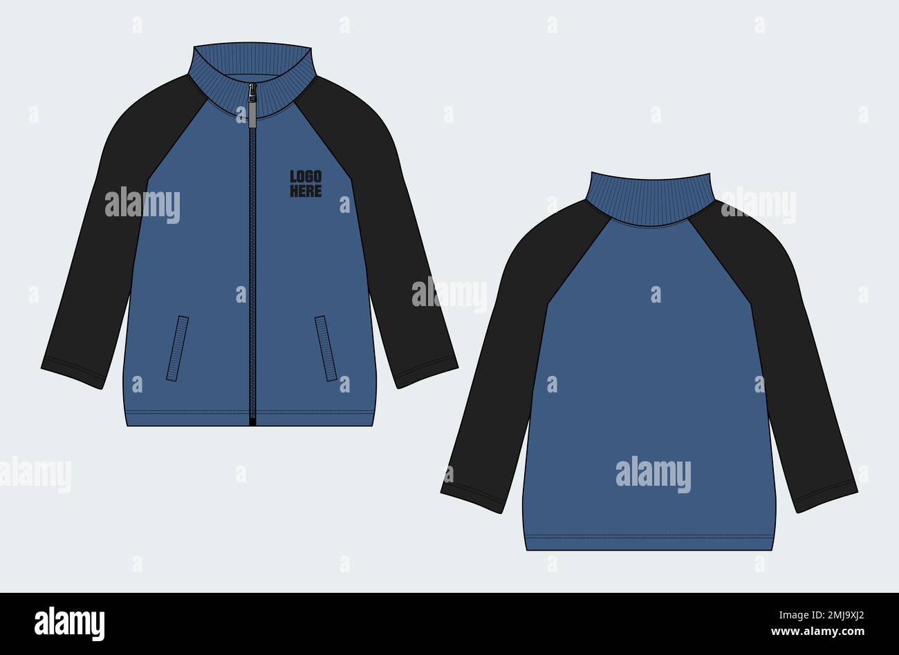 Long sleeve jacket technical fashion flat sketch vector illustration template front, back views. Warm up Apparel sweat jacket mock up. Stock Vector