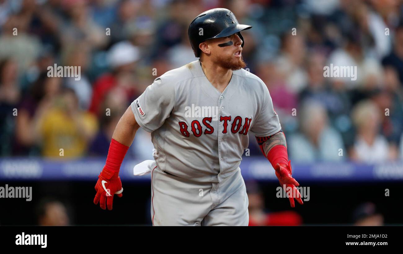 Boston Red Sox catcher Christian Vazquez (7) in the second inning of a  baseball game Tuesday, Aug. 27, 2019, in Denver. (AP Photo/David Zalubowski  Stock Photo - Alamy