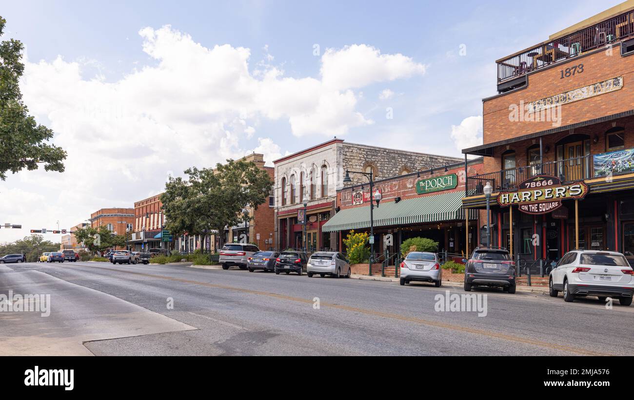 San Marcos, Texas, USA - October 14, 2022: The old business district on Hopkins Street Stock Photo