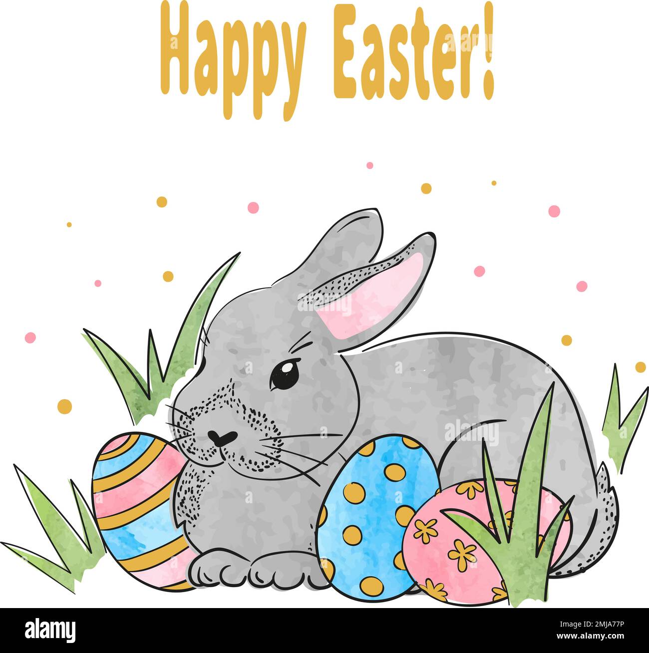 Cute watercolor Easter rabbit and eggs. Vector easter bunny illustration. Stock Vector