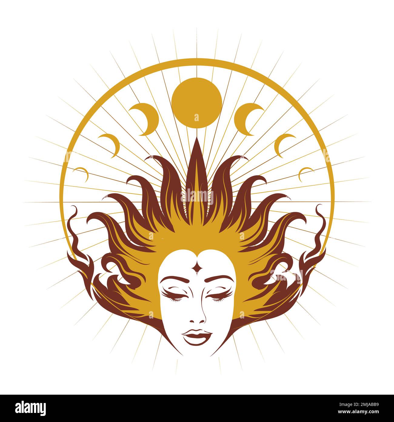 Mystic Woman Face and Moon Phases Esoteric Illustration isolated on white. Vector illustration Stock Vector