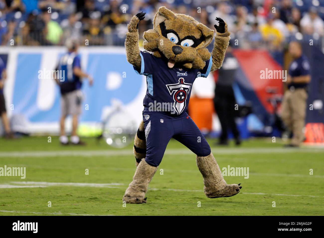 T-Rac, the Tennessee Titans mascot, performs before a preseason NFL  football game between the Titans and the Pittsburgh Steelers Sunday, Aug.  25, 2019, in Nashville, Tenn. (AP Photo/James Kenney Stock Photo 