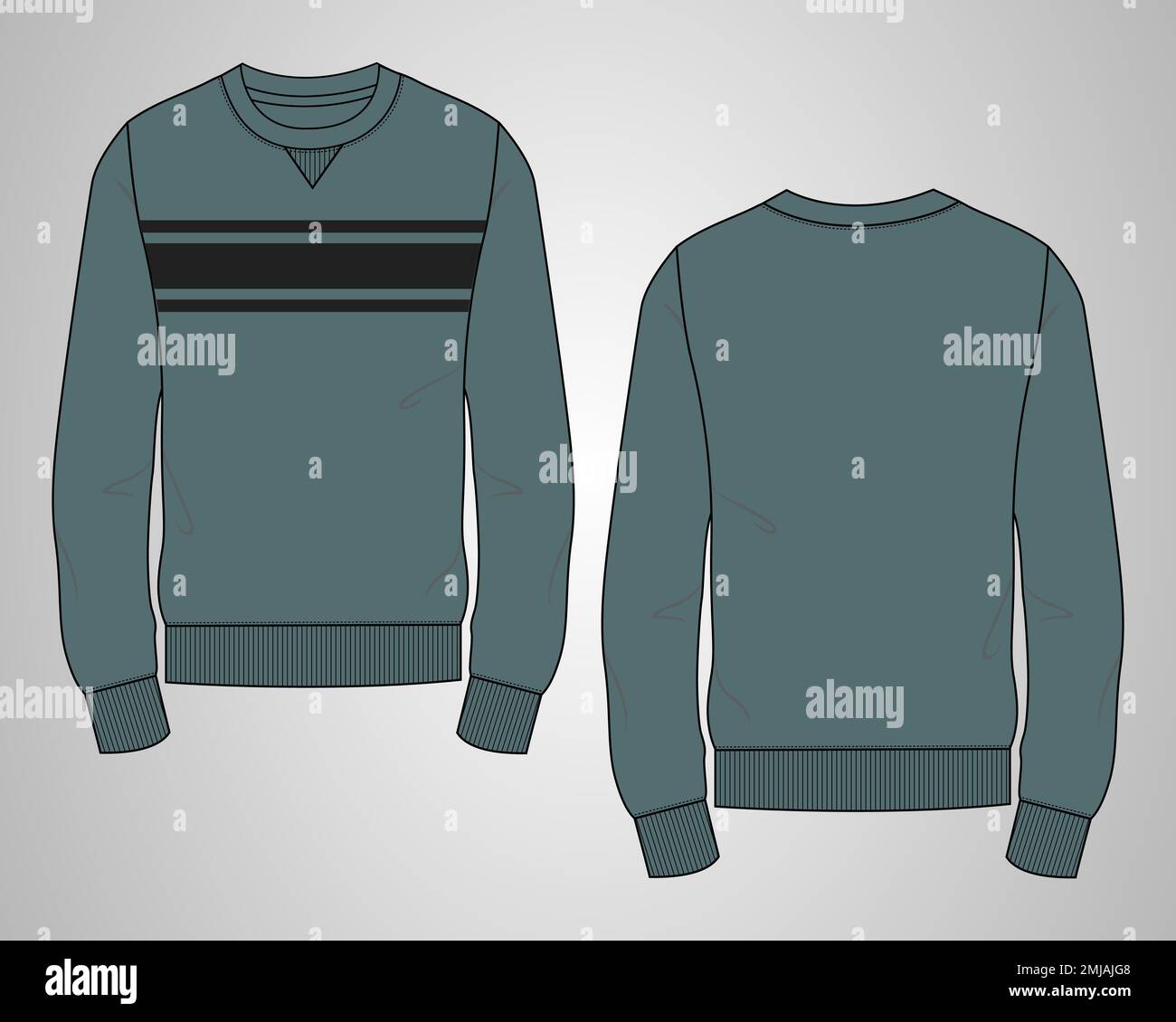 Long sleeve Sweatshirt technical fashion flat sketch vector illustration template front and back views. Fleece jersey sweatshirt sweater jumper for me Stock Vector