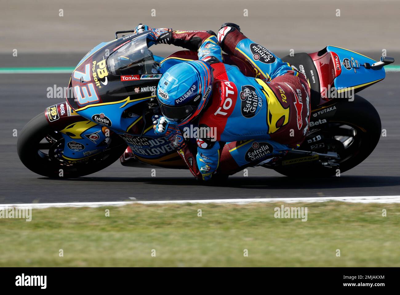 Spain's rider Alex Marquez of the EG 0,0 Marc VDS steers his motorcycle  during the Moto2 race at the British Motorcycle Grand Prix at the  Silverstone racetrack, in Silverstone, England, Sunday, Aug.
