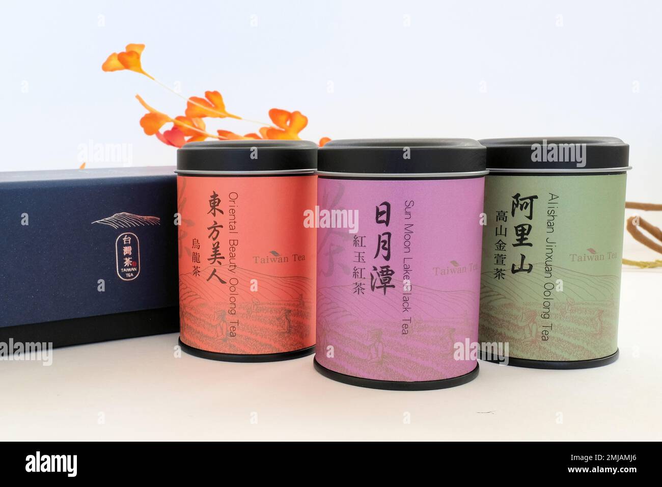 Hsin Tung Yang brand gift box set of Taiwanese teas: loose leaf Oolong and Sun Moon Lake Black Tea in tins; Taipei food service and retail company. Stock Photo
