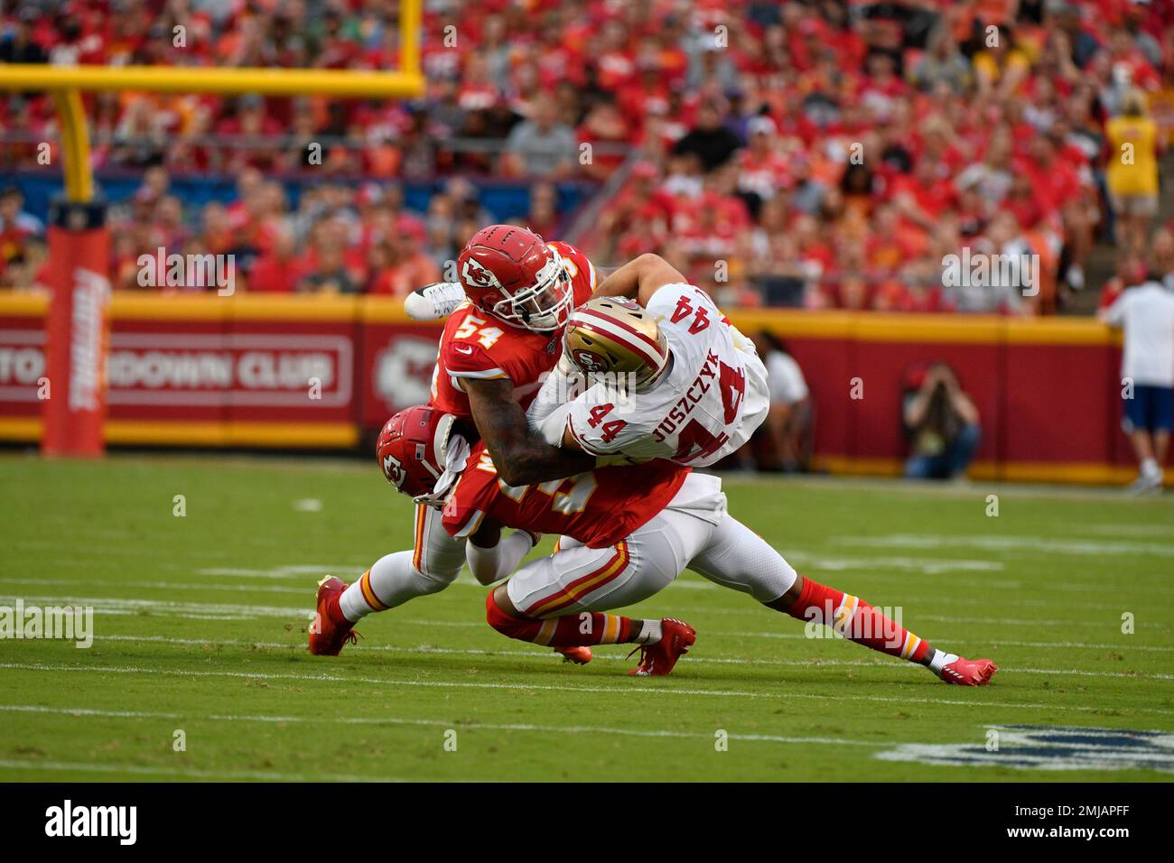 San Francisco 49ers fullback Kyle Juszczyk (44) is upended by Minnesota  Vikings offensive tackle Rashod Hill (69) and safety Josh Metellus (44)  during Stock Photo - Alamy