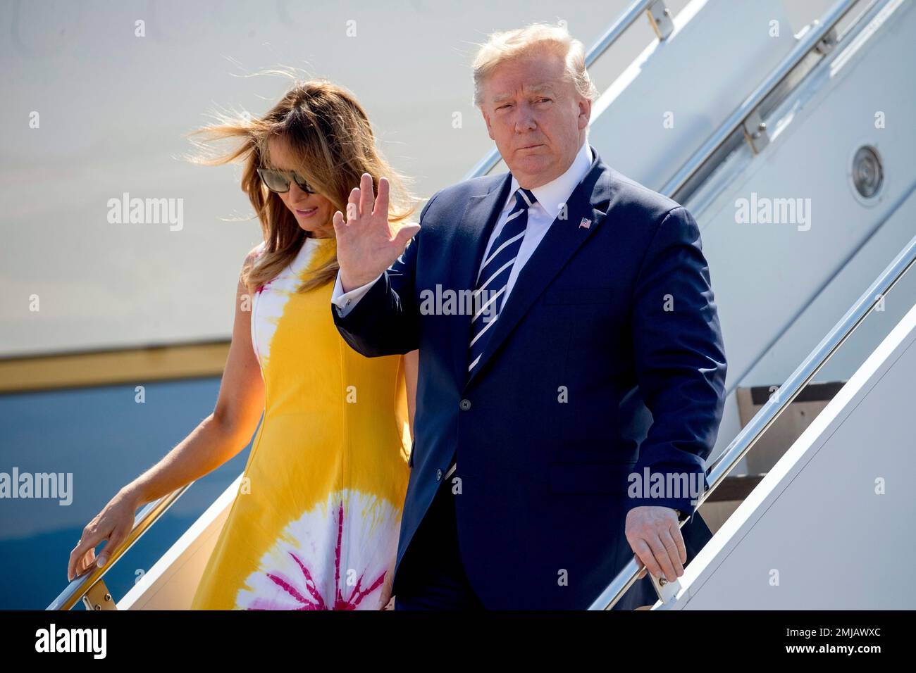 U.S President Donald Trump and first lady Melania Trump arrive in Biarritz,  France, Saturday, Aug. 24, 2019, for the G-7 summit. World leaders and  protesters are converging on the southern French resort