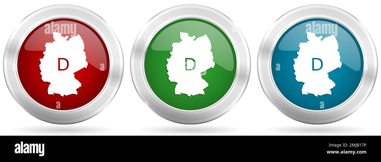 Map of Germany vector icon set. Red, blue and green silver metallic web ...