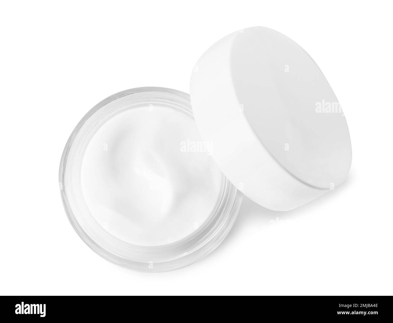 Jar of organic cream and cap isolated on white, top view Stock Photo