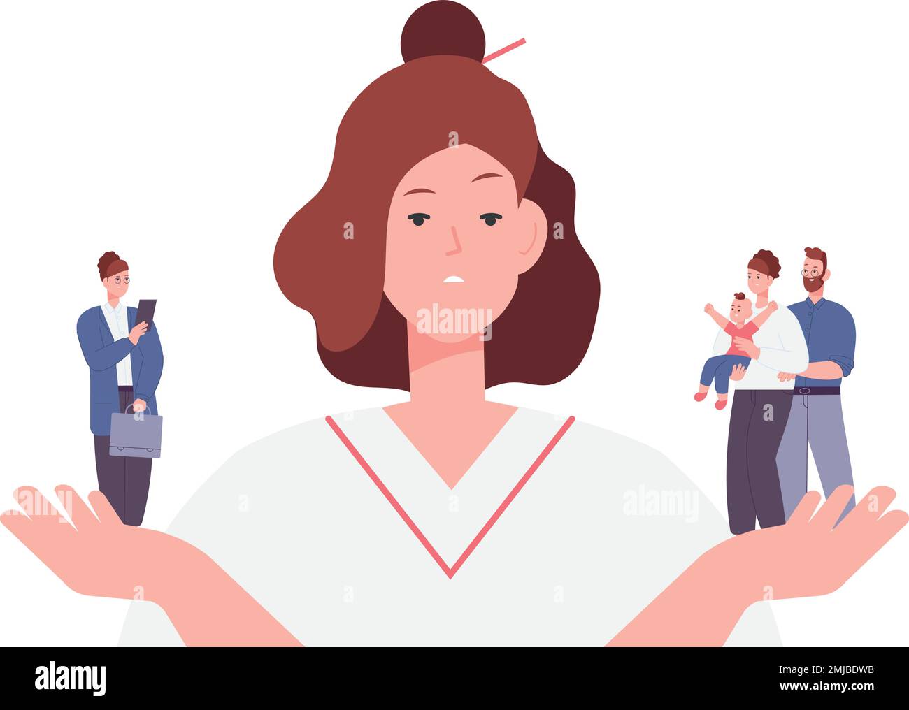 Work life balance. Woman choice family or career isolated on white ...