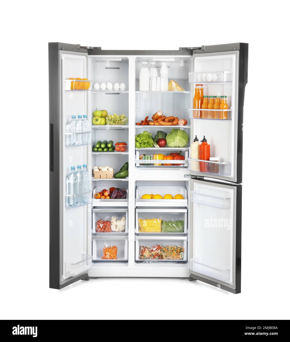 Open refrigerator full of products isolated on white Stock Photo Alamy