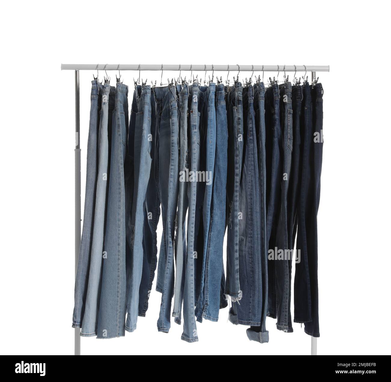 Rack with different jeans isolated on white Stock Photo Alamy