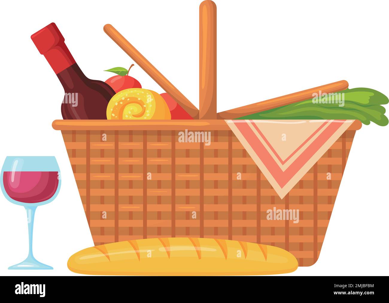Picnic basket with wine bottle and bread cartoon icon isolated on white ...