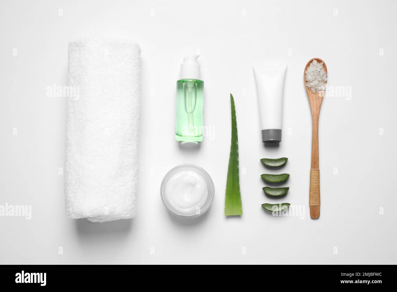 Flat lay composition with aloe vera and cosmetic products on white ...