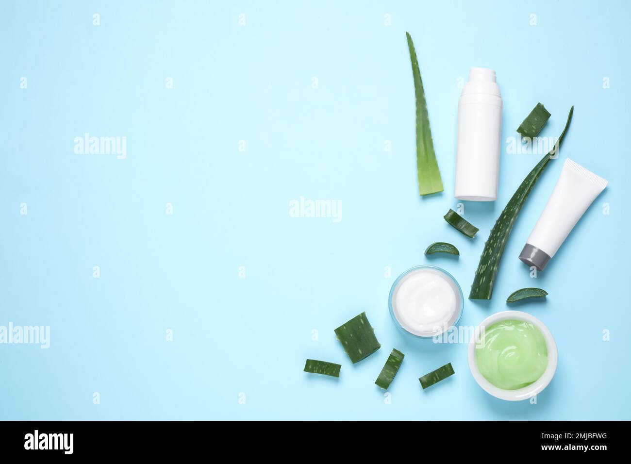 Flat lay composition with aloe vera and cosmetic products on light blue ...