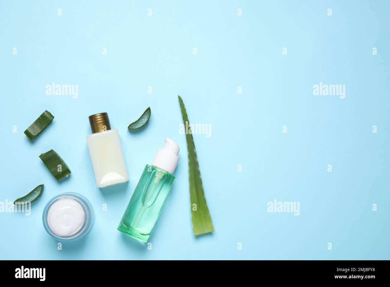 Flat lay composition with aloe vera and cosmetic products on light blue ...
