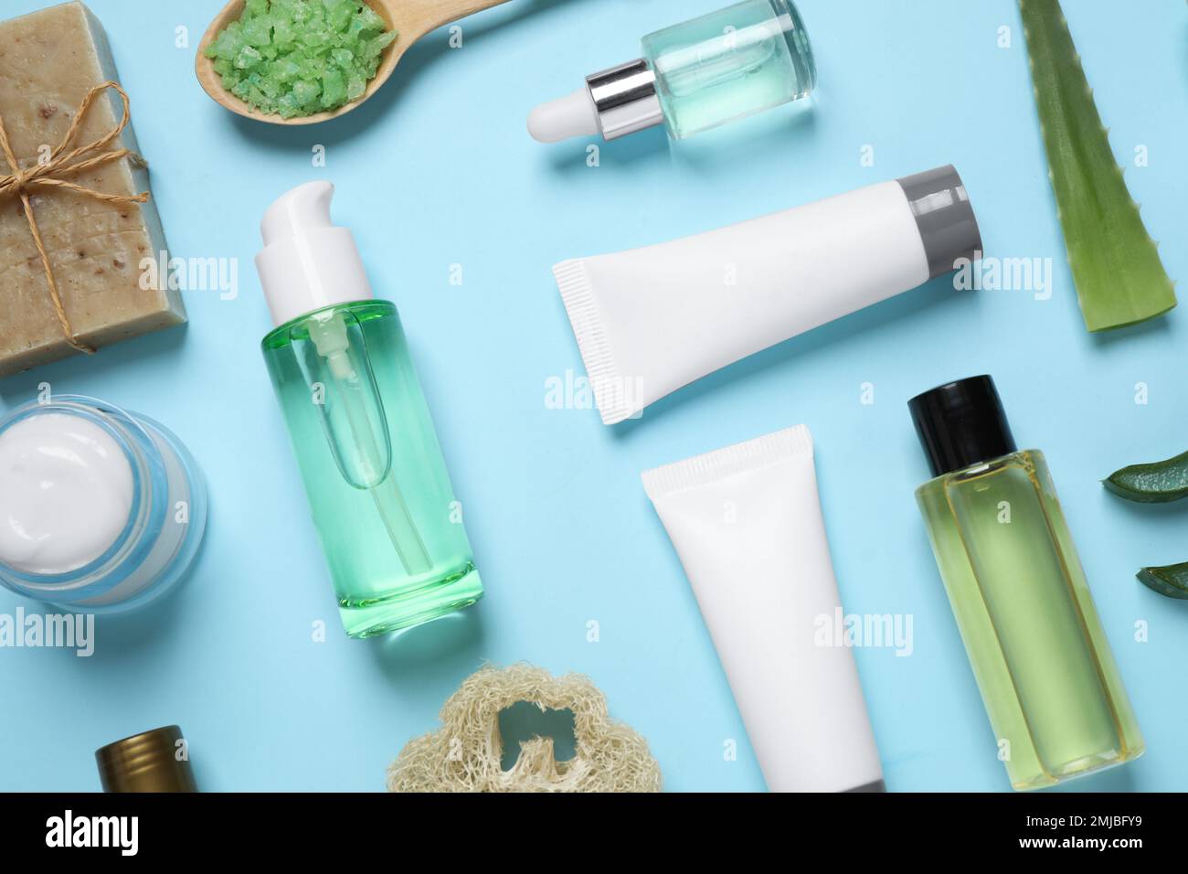 Flat lay composition with aloe vera and cosmetic products on light blue ...