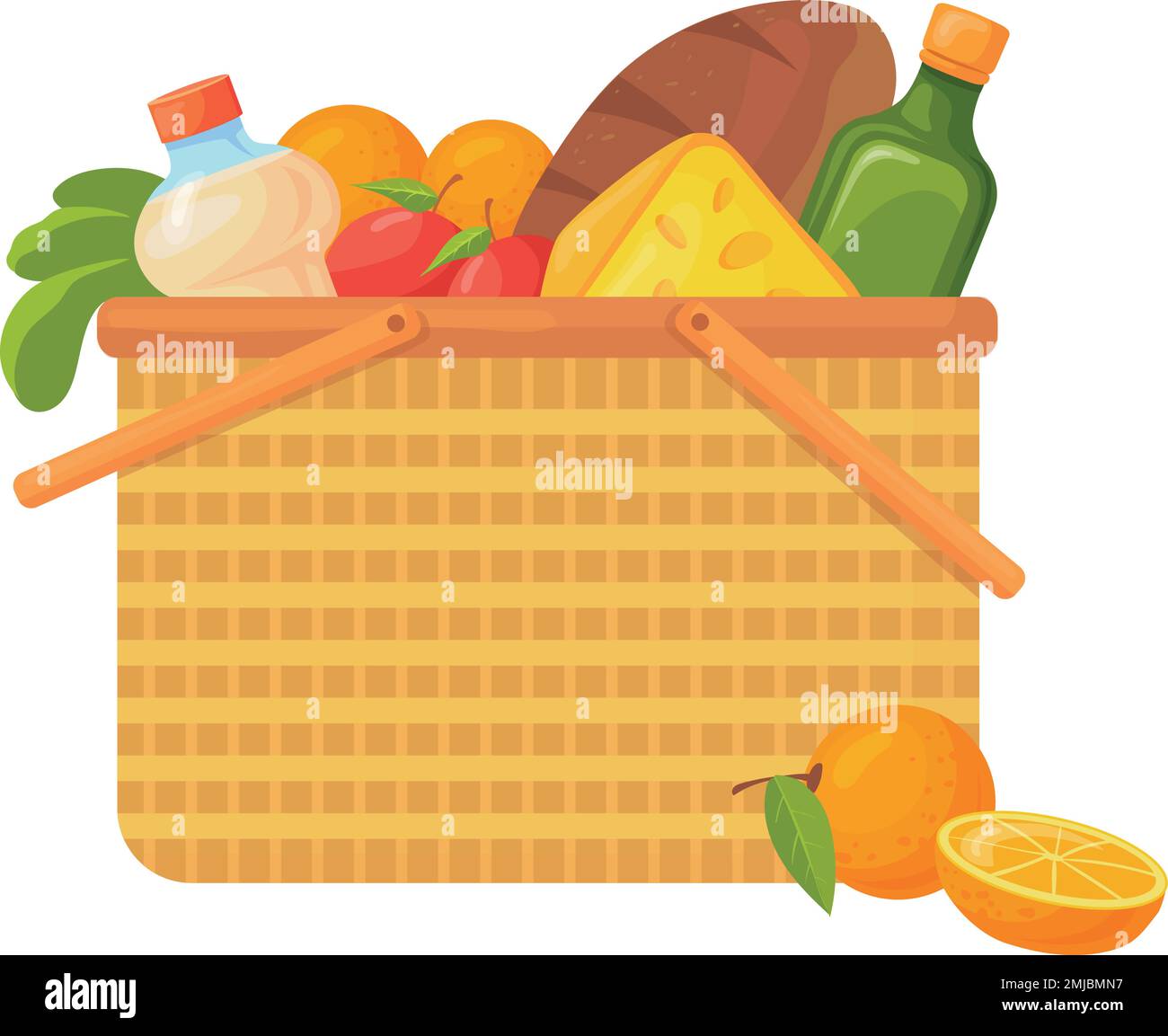 Woven basket with food. Picnic wicker cartoon icon isolated on white ...