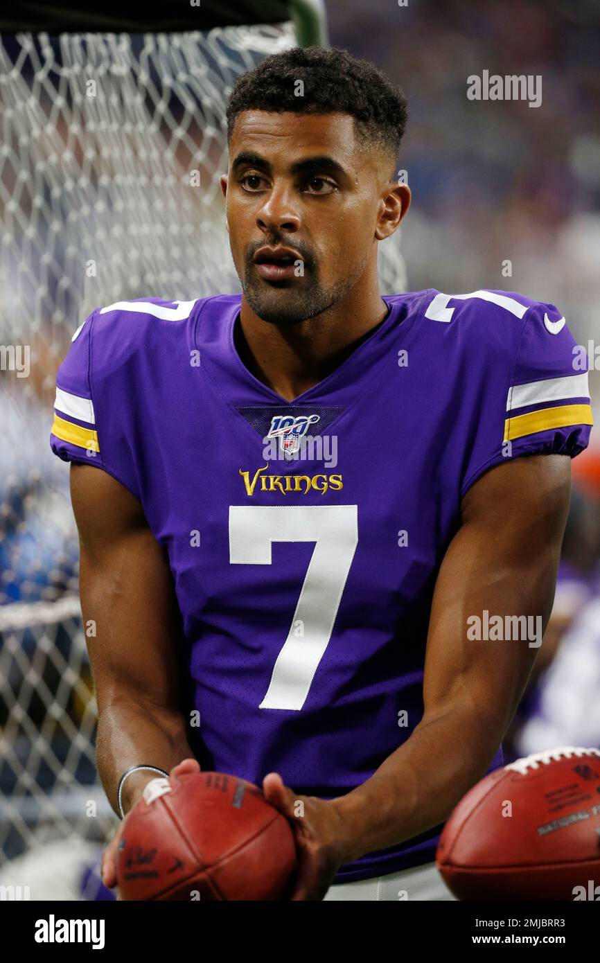 Minnesota Vikings punter Kaare Vedvik sits on the bench during the first  half of an NFL preseason football game against the Seattle Seahawks,  Sunday, Aug. 18, 2019, in Minneapolis. (AP Photo/Bruce Kluckhohn