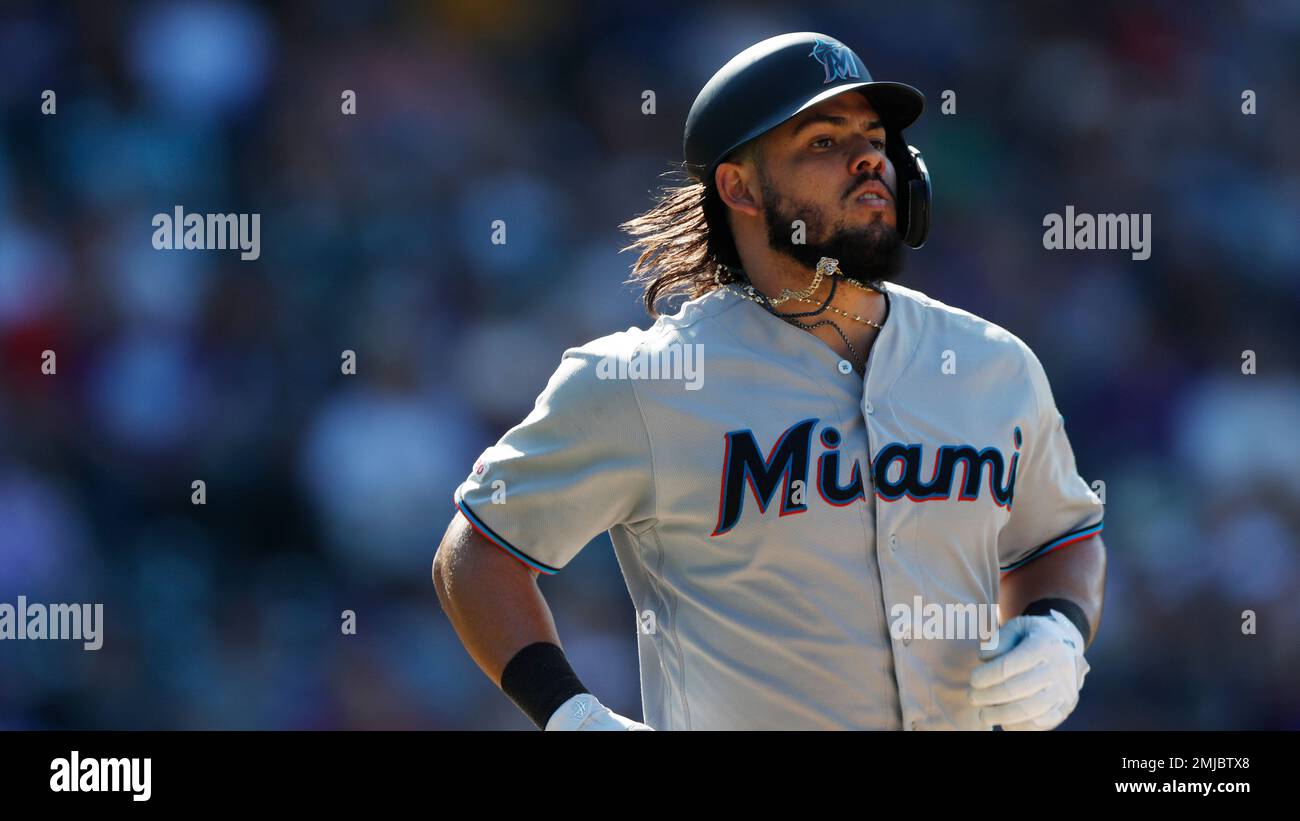 Colorado Rockies catcher Jorge Alfaro warms up for the team's baseball game  against the Los Angeles Angels Saturday, June 24, 2023, in Denver. (AP  Photo/David Zalubowski Stock Photo - Alamy