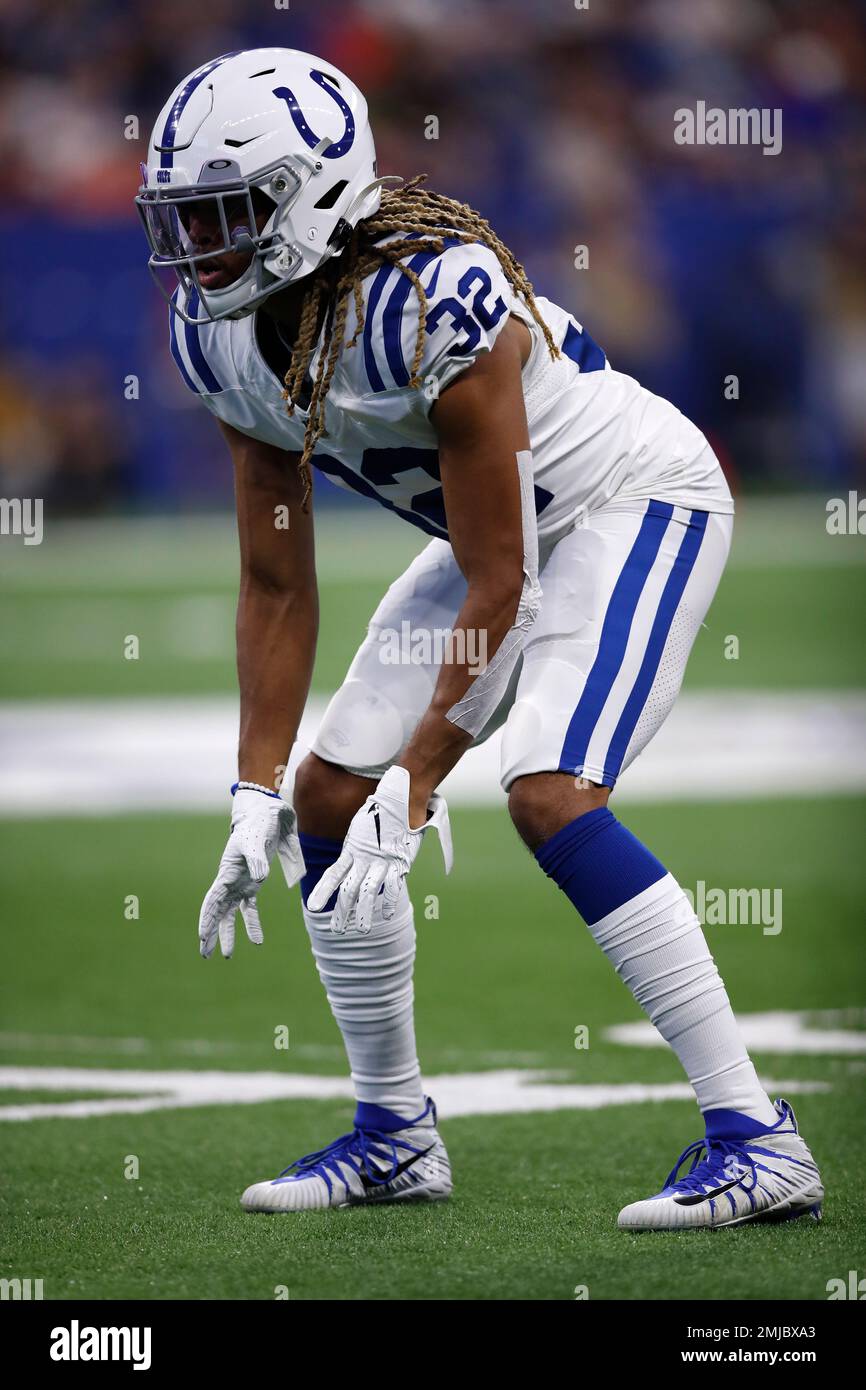 Indianapolis Colts cornerback Jalen Collins (32) lines up against the  Cleveland Browns during an NFL preseason football game in Indianapolis,  Saturday, Aug. 17, 2019. The Browns won the game 21-18. (Jeff Haynes/AP