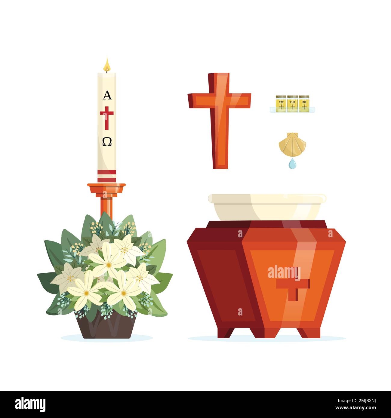 Baptism sacrament. Baptismal font, cross, chrism oils, shell and a