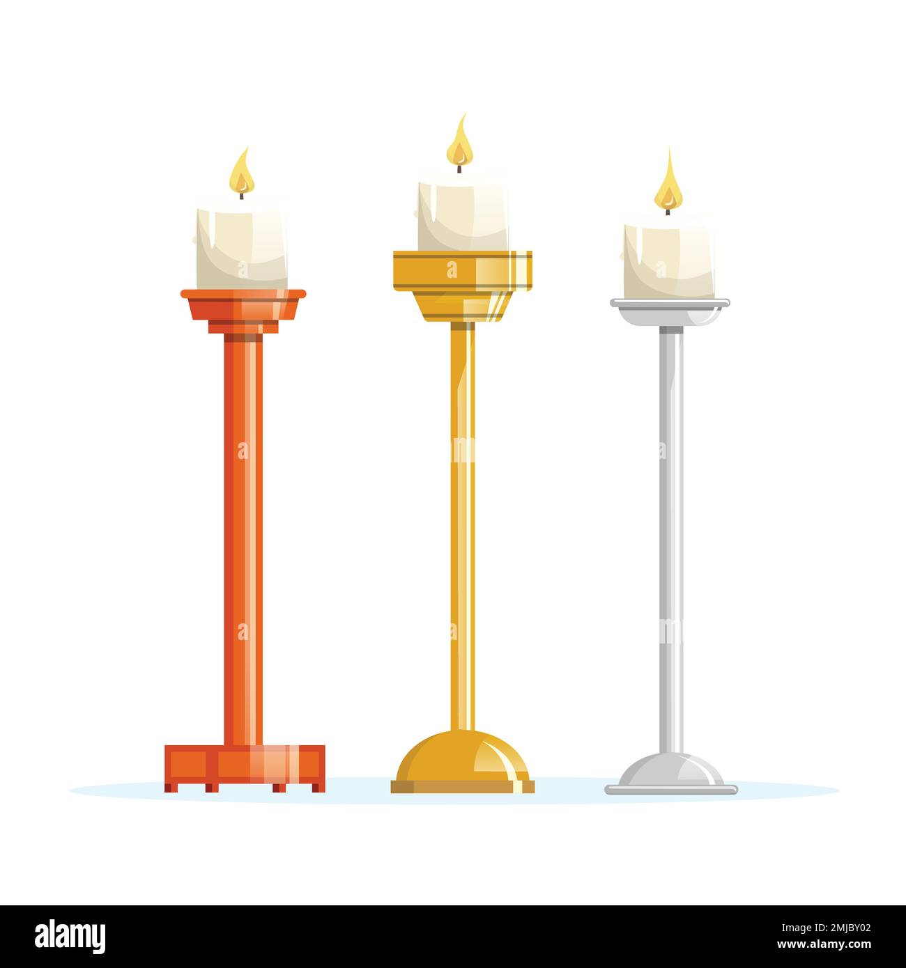 Candles placed on different candlesticks. Gold, silver and wood. Vector
