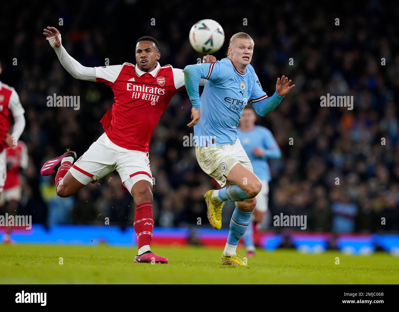 Manchester, England, 27th January 2023.  Gabriel of Arsenal (L) challenges Erling Haaland of Manchester City during the The FA Cup match at the Etihad Stadium, Manchester. Picture credit should read: Andrew Yates / Sportimage Credit: Sportimage/Alamy Live News Stock Photo