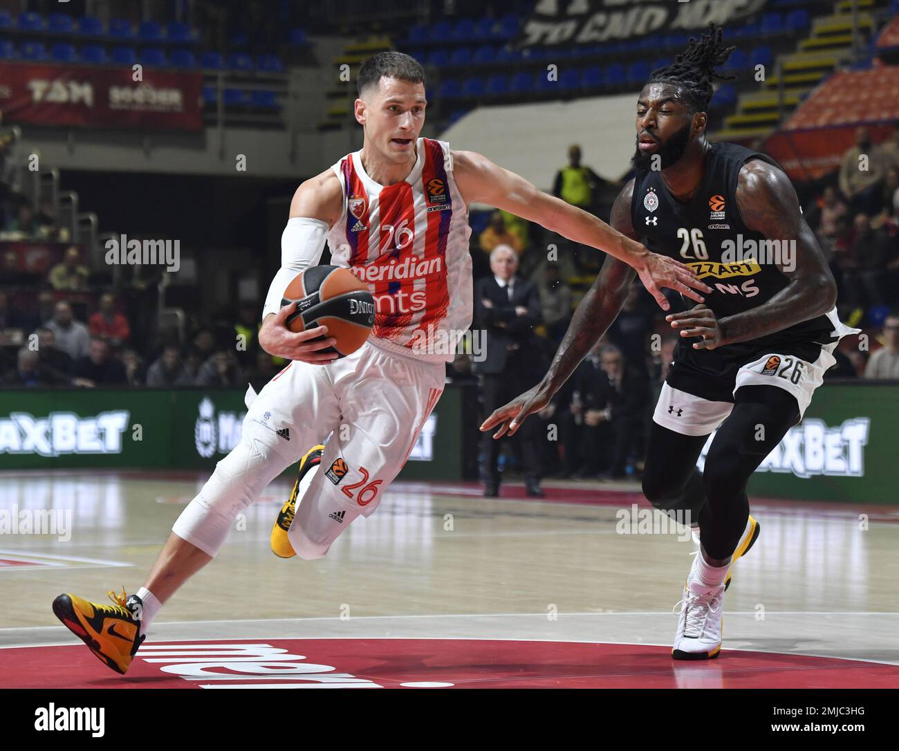 Belgrade. 27th Jan, 2023. Crvena Zvezdas Nemanja Nedovic (L) vies with Partizans Mathias Lessort during their regular season round 21 Euroleague basketball match in Belgrade, Serbia on Jan