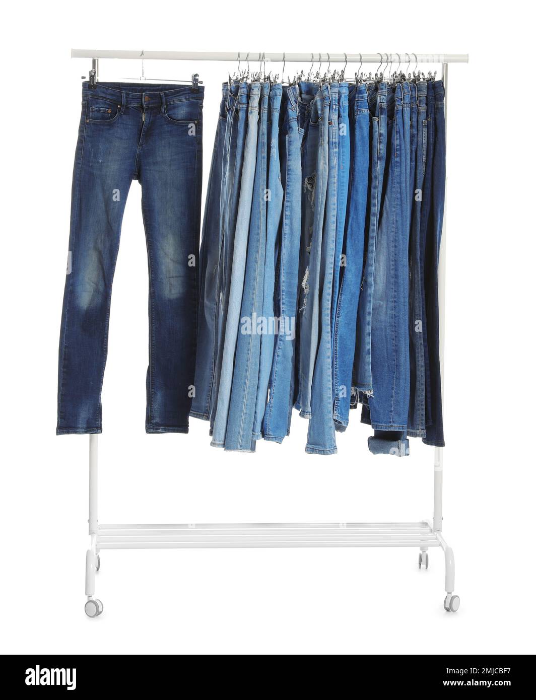 Rack with different jeans isolated on white Stock Photo Alamy